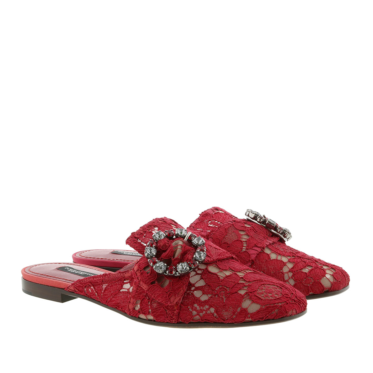 Dolce&Gabbana Schuhe - Lace With Jewel Buckle Slippers Rosso Scuro - in rot - für Damen