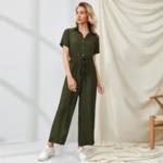 Button Front Drawstring Shirt Jumpsuit