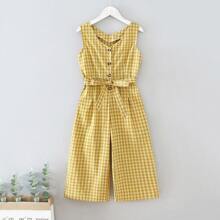 Girls Button Detail Plaid Jumpsuit With Belt