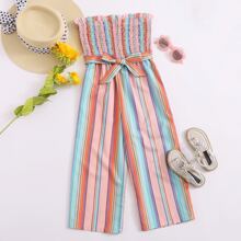 Girls Shirred Bodice Self Belted Wide Leg Colorful Striped Tube Jumpsuit