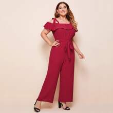 Plus Ruffle Trim Tie Shoulder Jumpsuit With Belt