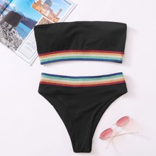 Rainbow Stripe Trim Bandeau Bikini Swimsuit