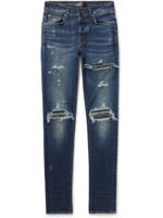 AMIRI - MX1 Skinny-Fit Distressed Leather-Panelled Stretch-Denim Jeans - Men - Blue - 30