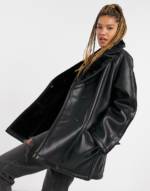 ASOS DESIGN - Luxe - Schwarze Jacke mit Kunstfellkragen und Gürtel