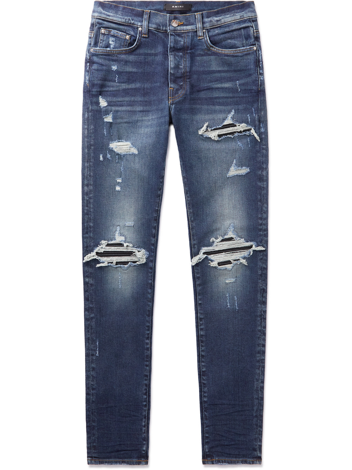 AMIRI - MX1 Skinny-Fit Leather-Panelled Distressed Jeans - Men - Blue - 28
