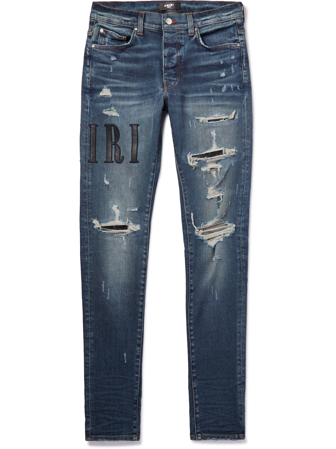 AMIRI - Skinny-Fit Leather-Appliquéd Distressed Jeans - Men - Blue - UK/US 28