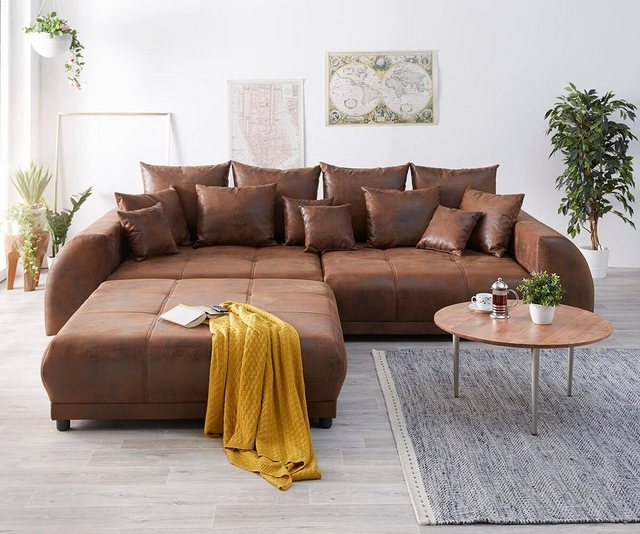 DELIFE Big-Sofa "Violetta", Braun 310 x 135 cm Antik Optik inklusive Hocker Kissen Big-Sofa