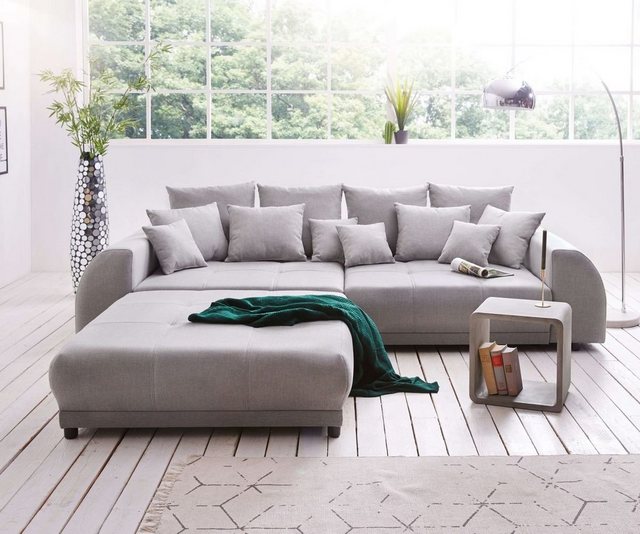 DELIFE Big-Sofa "Violetta", Grau 310x135 cm inklusive Hocker und Kissen Big-Sofa