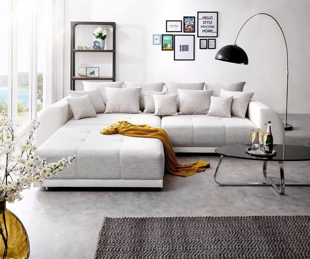DELIFE Big-Sofa "Violetta", Hellgrau Creme 310x135 cm inklusive Hocker und Kissen Big Sofa