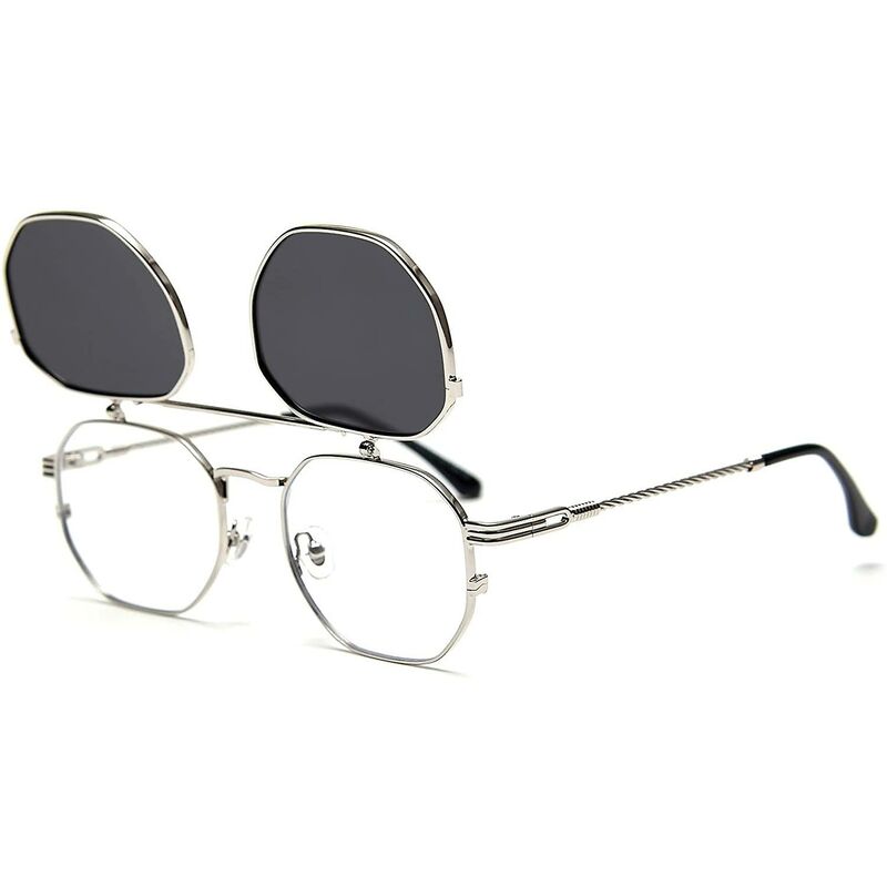Dontodent - Flip-Up-Sonnenbrille Herren Damen Polarisierte Steampunk Flip-Sonnenbrille mit Doppellinsen Silberrahmen-graue Linse