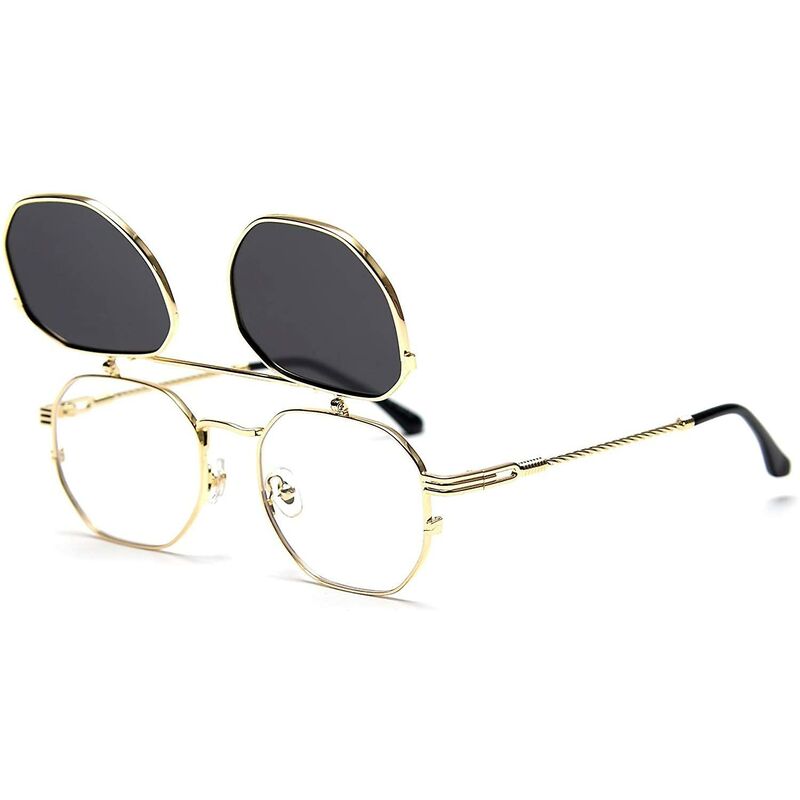 Flip Up Sonnenbrille Herren Damen Polarisierte Steampunk Flip Sonnenbrille mit Doppellinsen Goldrahmen-graue Linse