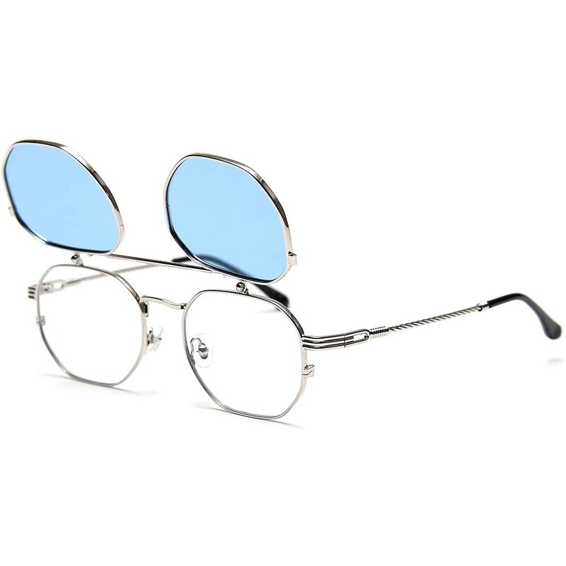 Flip Up Sonnenbrille Herren Damen Polarisierte Steampunk Flip Sonnenbrille mit Doppellinsen Silberrahmen-Blaue Linse