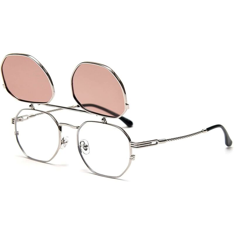 Flip-Up-Sonnenbrille Herren Damen Polarisierte Steampunk Flip-Sonnenbrille mit Doppellinsen Silberrahmen - Heller Kaffee