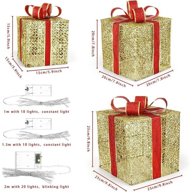 Fortunesn Dekoobjekt "3 Stück Geschenkboxen Beleuchtete Weihnachten Leuchtkästen Gold Weihnachtsbeleuchtung Batteriebetrieb LED Lichtkette Weihnachten Deko" (3 St)