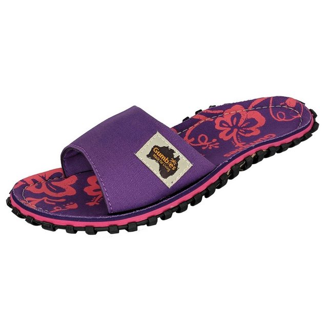Gumbies "Slides in Purple Hibiscus" Pantolette aus recycelten Materialien "in farbenfrohen Designs"