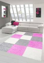 Hochflor-Teppich "Shaggy Teppich Hochflor Langflor Teppich Wohnzimmer Kinderzimmer in Karo Design Pink Grau Creme", Teppich-Traum, rechteckig, Höhe 30 mm