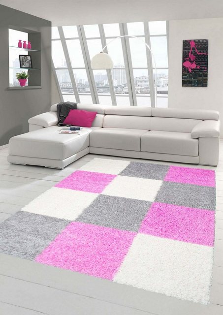 Hochflor-Teppich "Shaggy Teppich Hochflor Langflor Teppich Wohnzimmer Teppich Gemustert in Karo Design Pink Grau Creme", Teppich-Traum, rechteckig, Höhe 30 mm