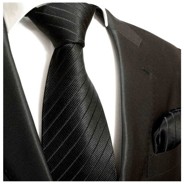 Paul Malone Krawatte "Herren Seidenkrawatte Schlips mit Tuch modern uni gestreift 100% Seide" (Set, 2-St., Krawatte mit Einstecktuch) Schmal (6cm), schwarz 475