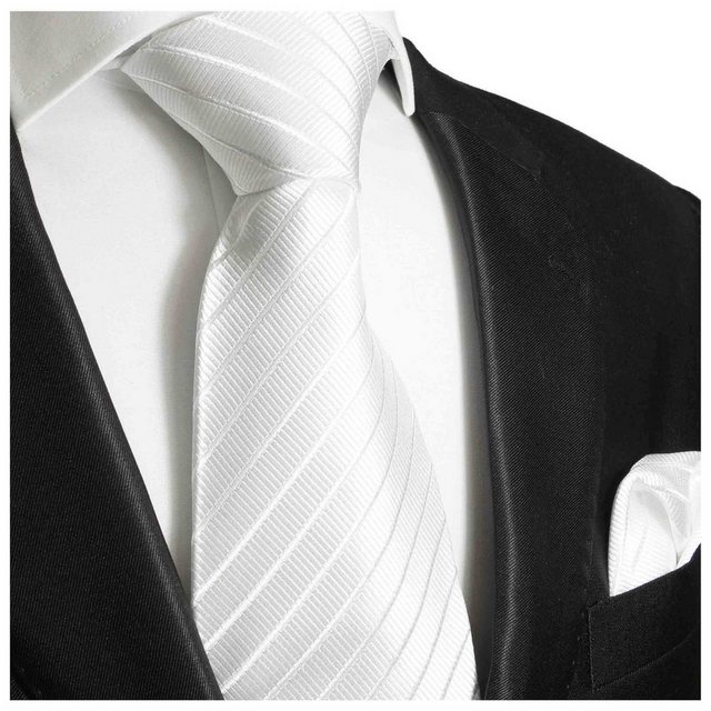 Paul Malone Krawatte "Herren Seidenkrawatte Schlips mit Tuch modern uni gestreift 100% Seide" (Set, 2-St., Krawatte mit Einstecktuch) Schmal (6cm), weiß 691