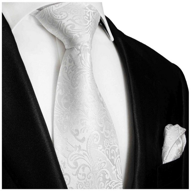 Paul Malone Krawatte "Herren Seidenkrawatte mit Tuch modern Hochzeit floral 100% Seide" (Set, 2-St., Krawatte mit Einstecktuch) Schmal (6cm), weiß 946