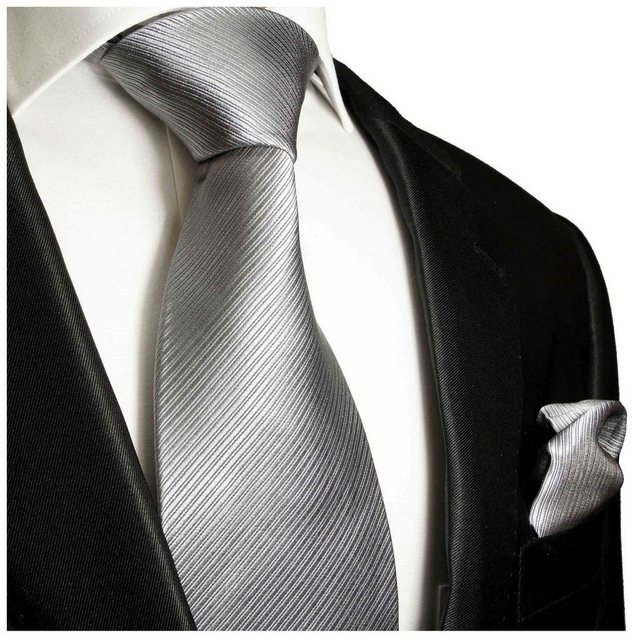 Paul Malone Krawatte "Herren Seidenkrawatte mit Tuch modern einfarbig 100% Seide" (Set, 2-St., Krawatte mit Einstecktuch) Schmal (6cm), silber grau 977