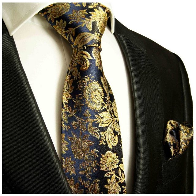 Paul Malone Krawatte "Herren Seidenkrawatte mit Tuch modern floral 100% Seide" (Set, 2-St., Krawatte mit Einstecktuch) Schmal (6cm), dunkelblau gold braun 683
