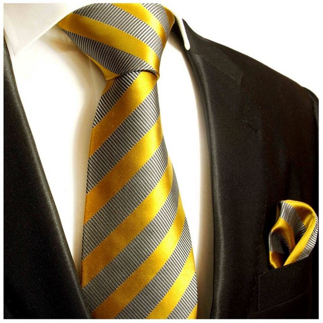 Paul Malone Krawatte "Herren Seidenkrawatte mit Tuch modern gestreift 100% Seide" (Set, 2-St., Krawatte mit Einstecktuch) Schmal (6cm), gold grau 640