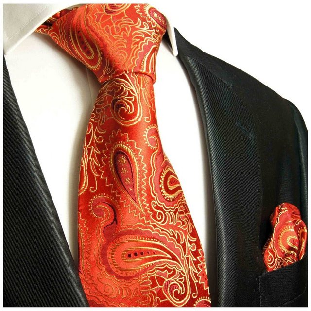 Paul Malone Krawatte "Herren Seidenkrawatte mit Tuch modern paisley brokat 100% Seide" (Set, 2-St., Krawatte mit Einstecktuch) Schmal (6cm), rot gold 680