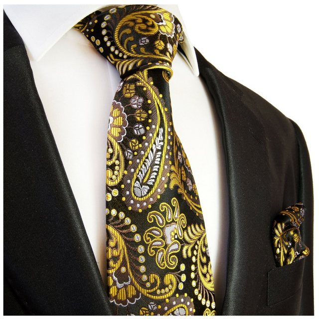 Paul Malone Krawatte "Herren Seidenkrawatte mit Tuch modern paisley brokat Hochzeit 100% Seide" (Set, 2-St., Krawatte mit Einstecktuch) Schmal (6cm), gelb schwarz 550