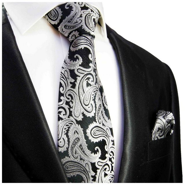 Paul Malone Krawatte "Herren Seidenkrawatte mit Tuch paisley brokat 100% Seide" (Set, 2-St., Krawatte mit Einstecktuch) Schmal (6cm), schwarz silber grau 352