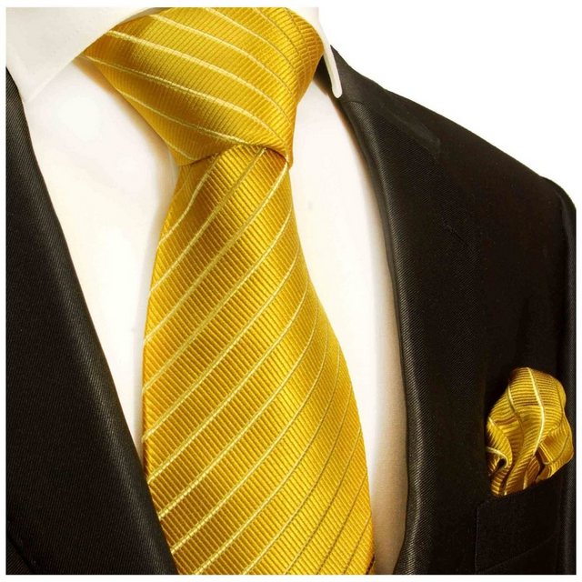 Paul Malone Krawatte "Herren Seidenkrawatte und Tuch gestreift 100% Seide" (Set, 2-St., Krawatte mit Einstecktuch) Schmal (6cm), gold 940