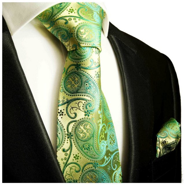 Paul Malone Krawatte "Herren Seidenkrawatte und Tuch paisley brokat 100% Seide" (Set, 2-St., Krawatte mit Einstecktuch) Schmal (6cm), gold grün 817