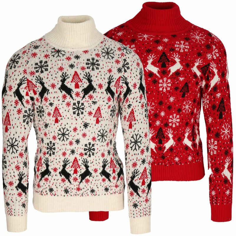 Cofi 1453 - Herren Strickpullover Rollkragen Pullover Sweater Winter Pulli Weihnachten Warm L Rot