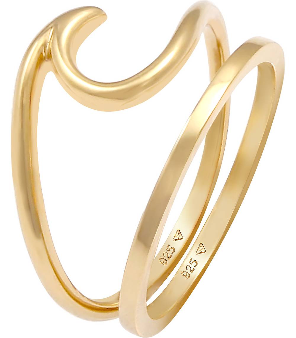 Elli, Ring 2er Set Wave Welle Bandring Basic 925 Silber in gold, Schmuck für Damen