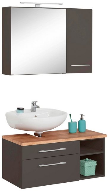 HELD MÖBEL Badmöbel-Set "Davos", (3-St), Bad-Spiegelschrank mit LED-Beleuchtung, Hängeschrank und Waschbeckenunterschrank