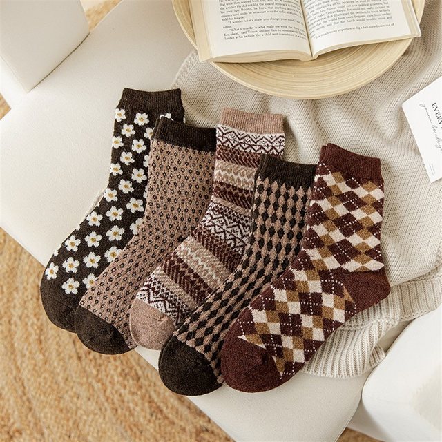IonaStr ABS-Socken "Herbst und Winter Stil Kaffee Farbe Vintage Damen Socken" (5-Paar)