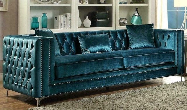 JVmoebel Chesterfield-Sofa, Chesterfield Samt Sofa 3 Sitzer Designer Turkis Couchen Couch Stoff