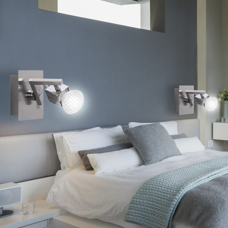 LED Wandleuchte Schlafzimmer Bettlampe Wandlampe mit verstellbarem Spot, Chrom nickel satiniert, 3,2W 260lm warmweiß, H 12,5 cm, 2er Set