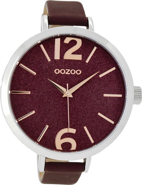 OOZOO Quarzuhr "D2UOC9193 Oozoo Quarz-Uhr Damen silber Timepieces", (Analoguhr), Damenuhr mit Lederarmband, rundes Gehäuse, extra groß (ca. 48mm), Fashion-Style
