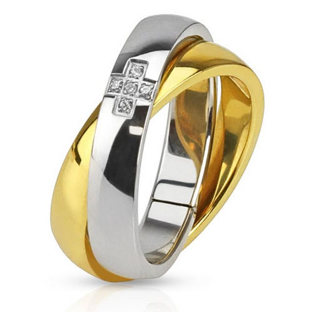 Taffstyle Fingerring "Damen Band Ring Wickelring mit Kreuz Kristall", Edelstahl poliert Kreuz Strass Kristall Damenring Bandring Zweifarbig