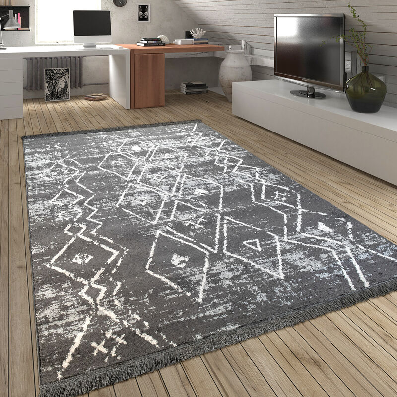 Teppich Fransen Skandinavisch Wohnzimmer Rauten Muster Karo In Grau Creme 120x170 cm - Paco Home