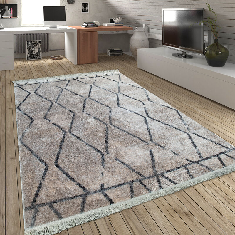 Teppich Wohnzimmer Rauten Fransen Skandinavisch Muster Karo In Creme Grau 120x170 cm - Paco Home