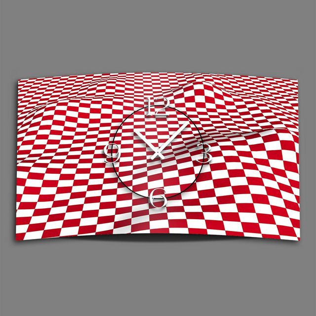 dixtime Wanduhr Digital Designer Art kariert rot/weiss Designer Wanduhr abstrakt moder (Einzigartige 3D-Optik aus 4mm Alu-Dibond)