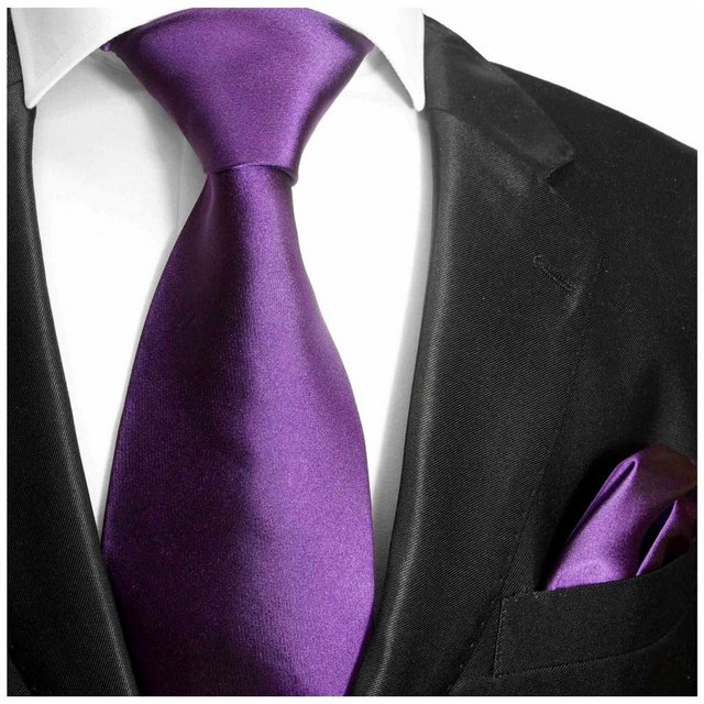 Paul Malone Krawatte Herren Seidenkrawatte Schlips mit Tuch modern uni satin 100% Seide (Set, 2-St., Krawatte mit Einstecktuch) Schmal (6cm), lila violett 941