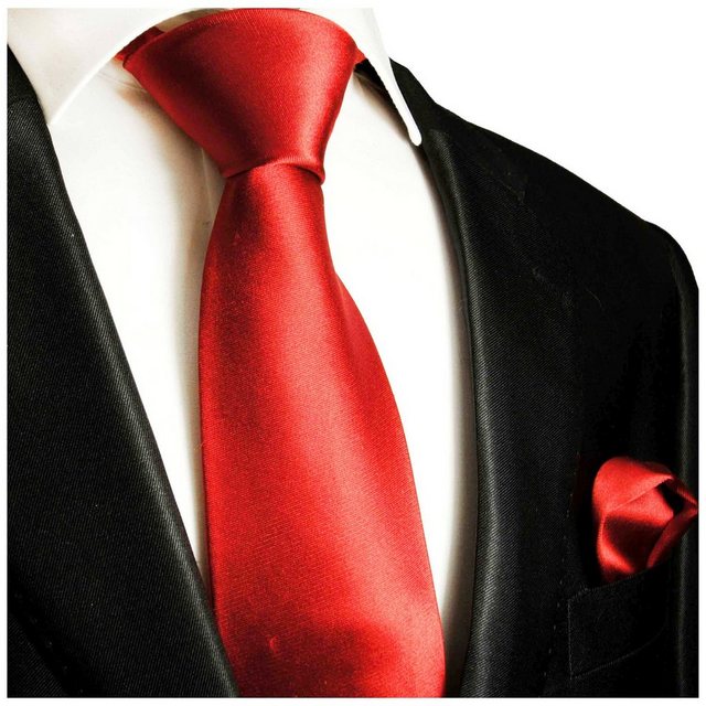 Paul Malone Krawatte Herren Seidenkrawatte Schlips mit Tuch modern uni satin 100% Seide (Set, 2-St., Krawatte mit Einstecktuch) Schmal (6cm), rot 908