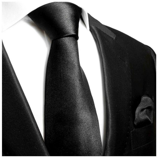 Paul Malone Krawatte Herren Seidenkrawatte Schlips mit Tuch modern uni satin 100% Seide (Set, 2-St., Krawatte mit Einstecktuch) Schmal (6cm), schwarz 952