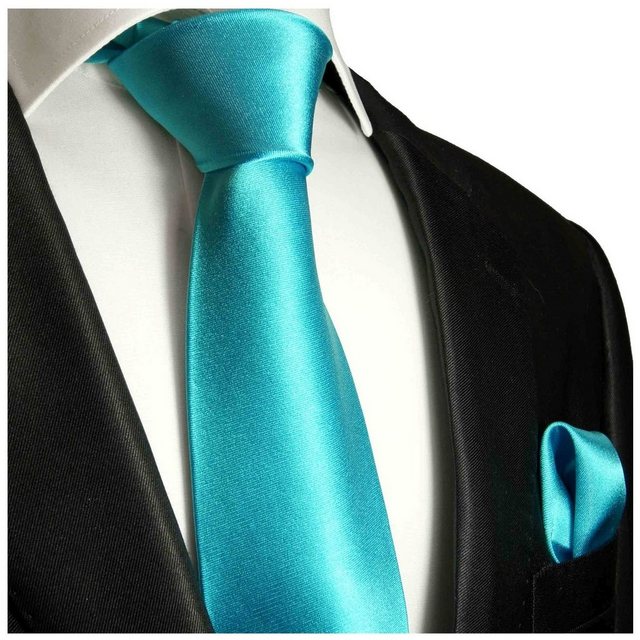 Paul Malone Krawatte Herren Seidenkrawatte Schlips mit Tuch modern uni satin 100% Seide (Set, 2-St., Krawatte mit Einstecktuch) Schmal (6cm), türkis 981