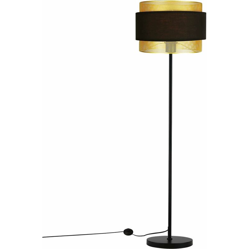 Stehlampe Wohnzimmer Stehleuchte Vintage - Schwarzgold Retro Design Standleuchte E27 aus Metall & Stoff Lampenschirm Industrial Standlampe mit