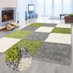 Teppich Shaggy Teppich Hochflor Wohnzimmer Karomuster grün grau creme, Teppich-Traum, rechteckig, Höhe: 30 mm