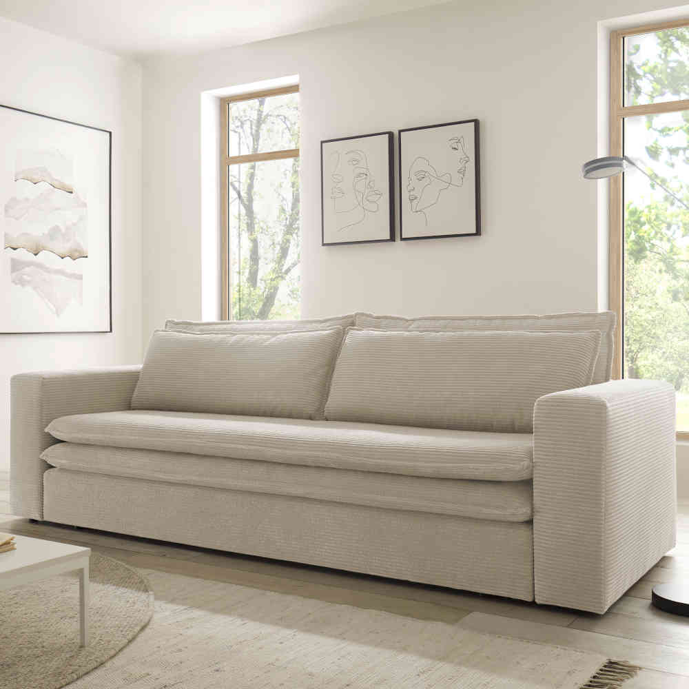 Couch mit Schlaffunktion in Beige Cord 244 cm breit - Dreisitzer